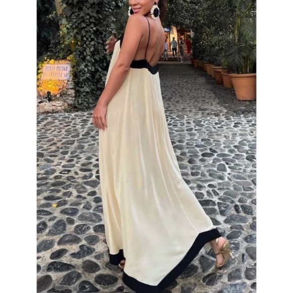 COMMENSE Ecru Cream Black Stripe Midi Maxi V Neck Dress NWT - Picture 2 of 7